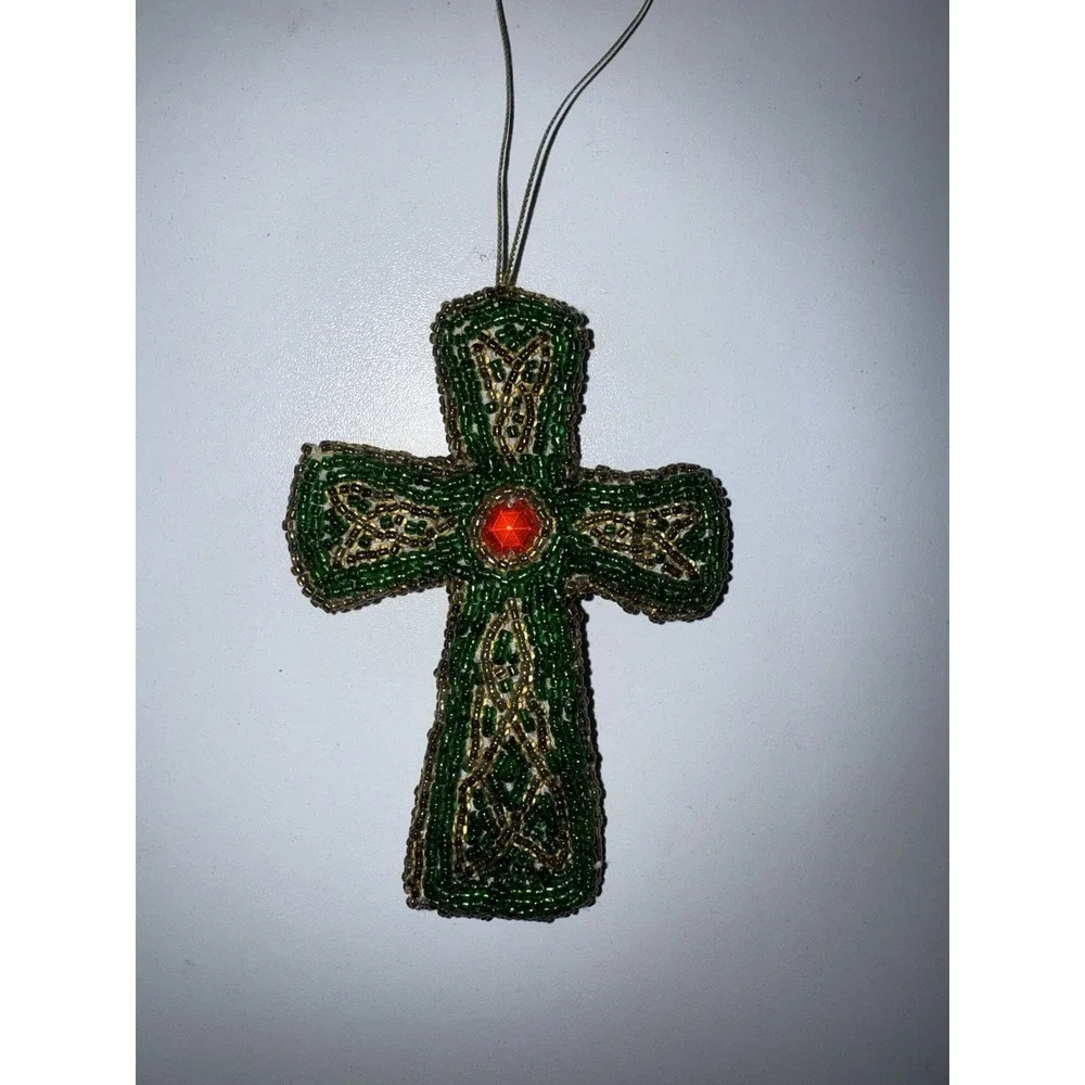 Vintage Double Sided Glass Beaded Red Cross Pillow‎ Ornament P
